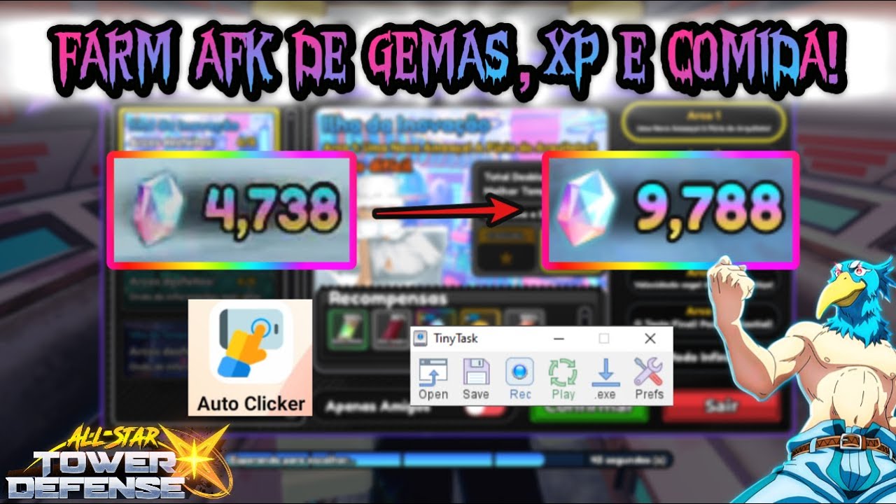 FARM AFK DE GEMAS NO ALL STAR X TOWER DEFENSE! FARM DE XP, GEMAS, LVL, FOOD, BÃO DE MAIS!